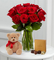1 Dozen Long Stem Red Roses with Bear & Godiva - VASE INCLUDED