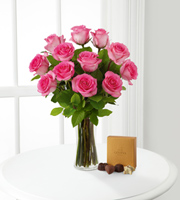 Pink Rose Bouquet with Godiva Chocolate and Vase