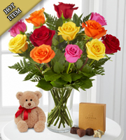 Mixed Roses with Bear & Godiva - VASE INCLUDED