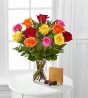 1 Dozen Long Stem Mixed Roses with Godiva - VASE INCLUDED