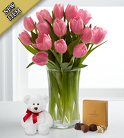 Pink Prelude Tulip Bouquet with Bear and Chocolates