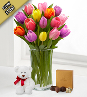 Rush of Color Assorted Tulip Bouquet with Bear and Chocolates